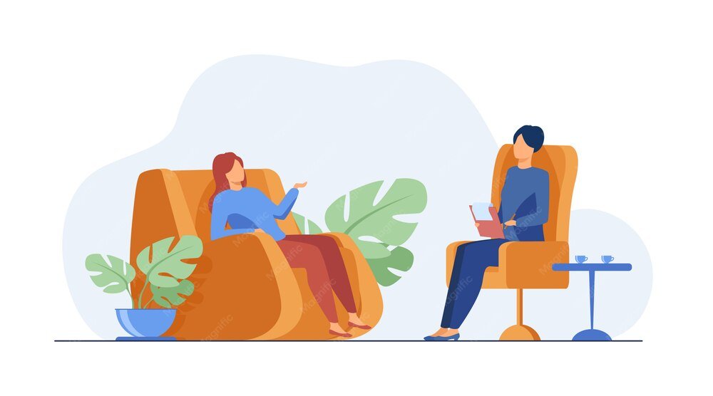 Ilustração de uma conversa em um atendimento psicológico.